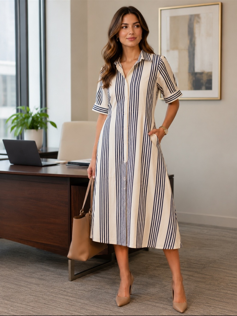 Button-Front Striped Midi Dress in Cream and Navy